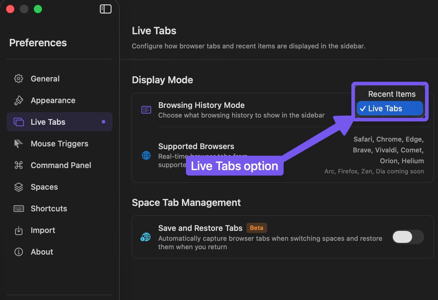 Live Tabs Option