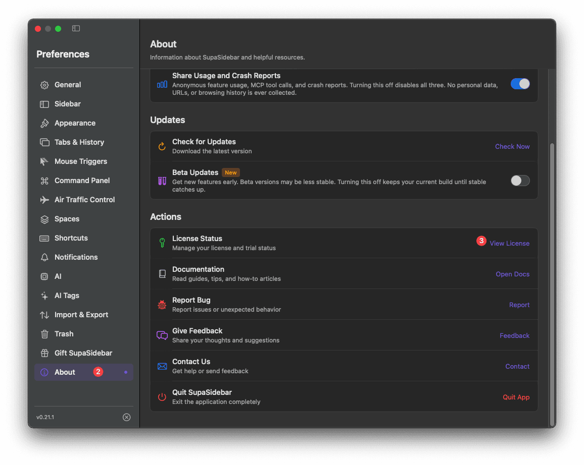 About preferences panel showing License Status with the View License button