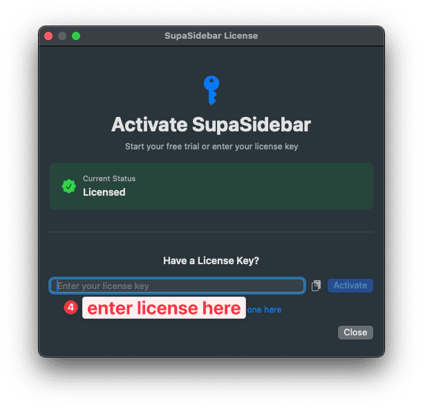 Activate SupaSidebar window with the license key field and Activate button