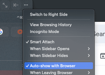The sidebar toolbar menu with Auto-show with Browser highlighted