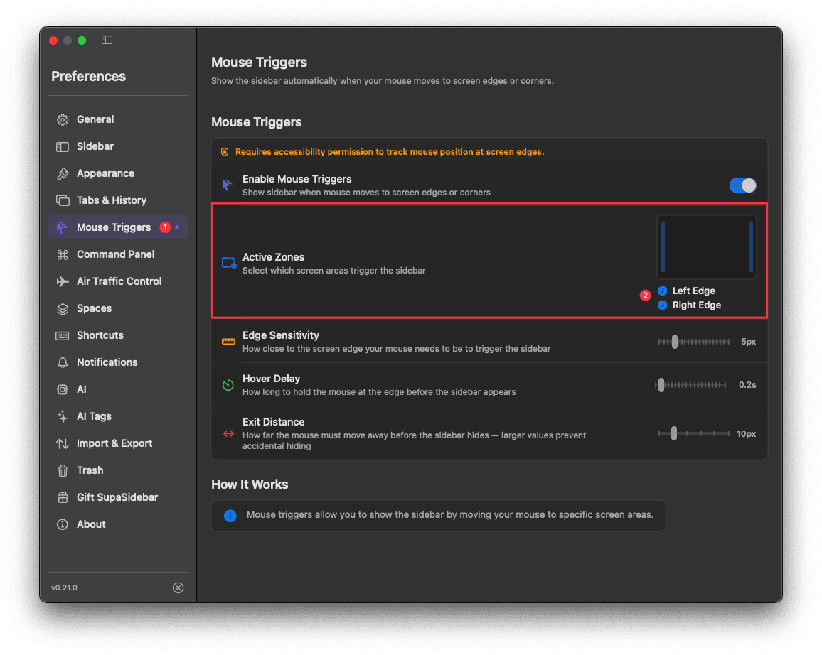 Active Zones showing Left Edge and Right Edge checkboxes in Preferences → Mouse Triggers