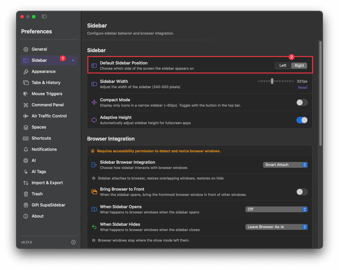 Default Sidebar Position set to Left or Right in Preferences → Sidebar